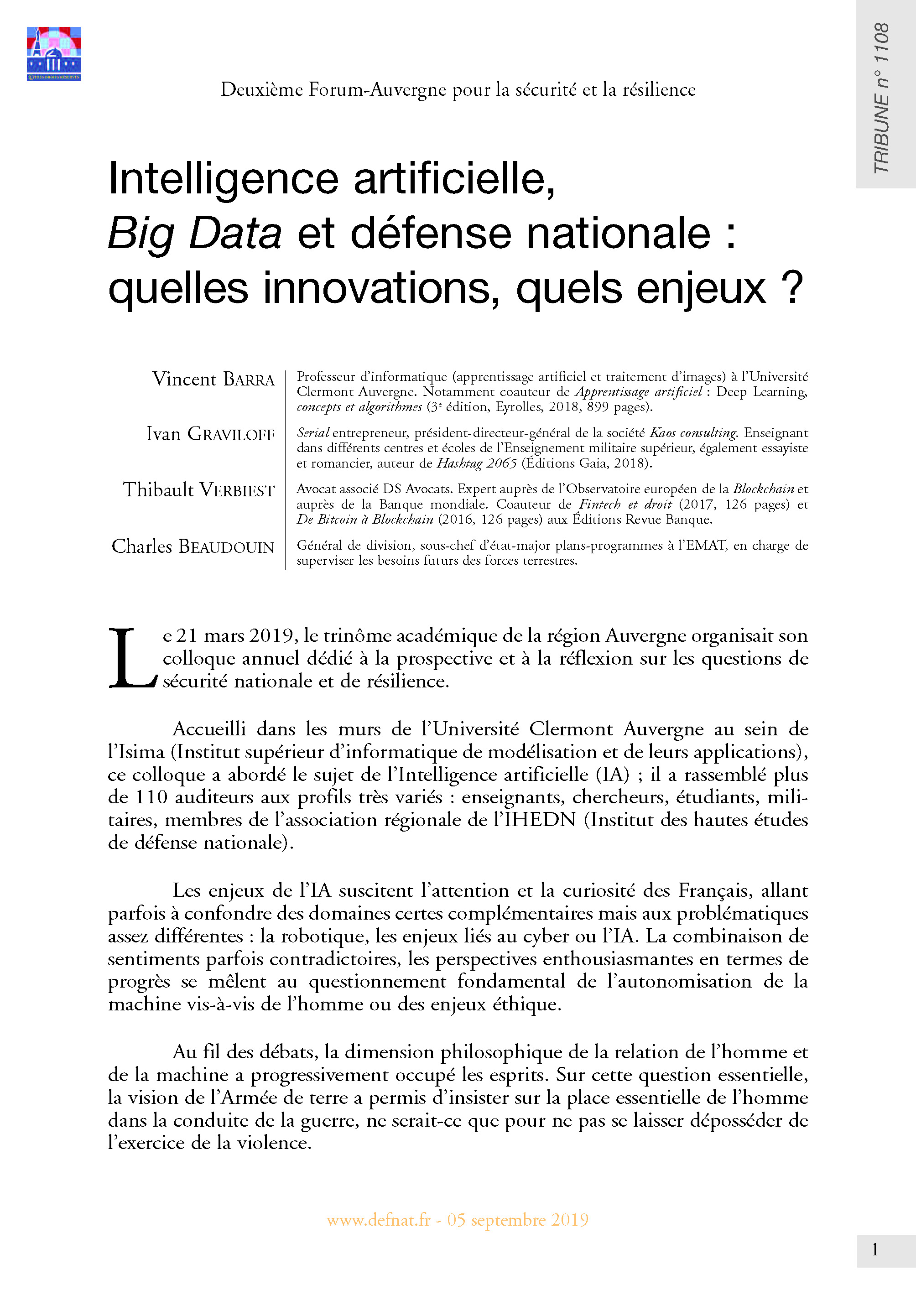 Intelligence artificielle, Big Data et défense nationale : quelles innovations, quels enjeux ? (T 1108)
